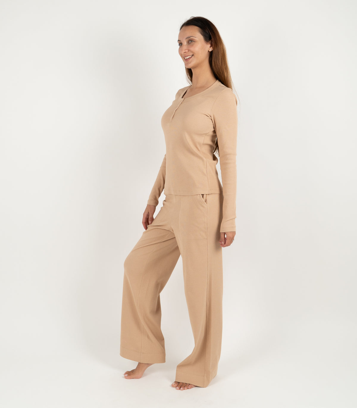 Ribbed Long Sleeve Button Top - Tan