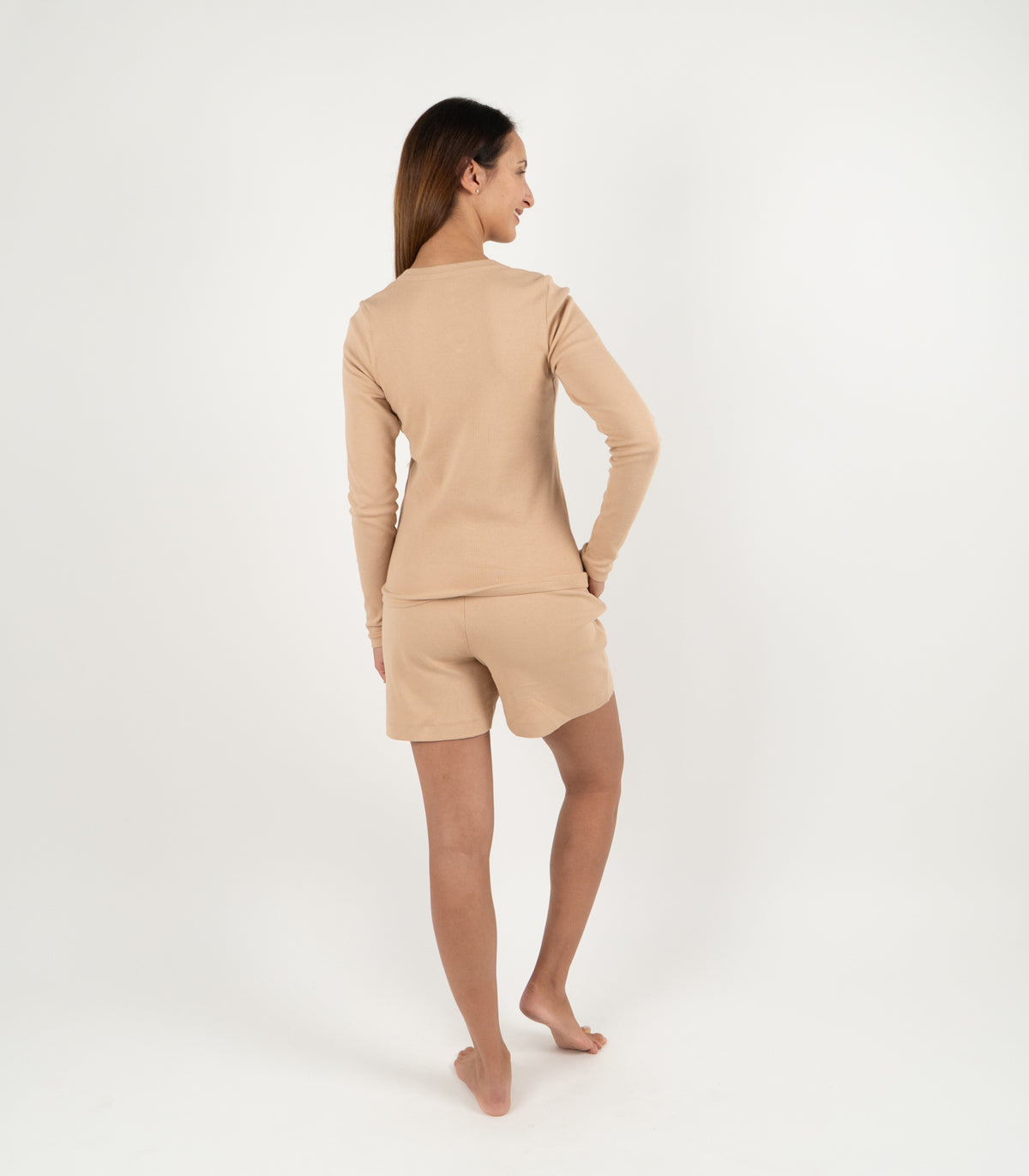 Ribbed Long Sleeve Button Top - Tan