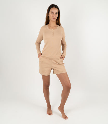Ribbed Long Sleeve Button Top - Tan