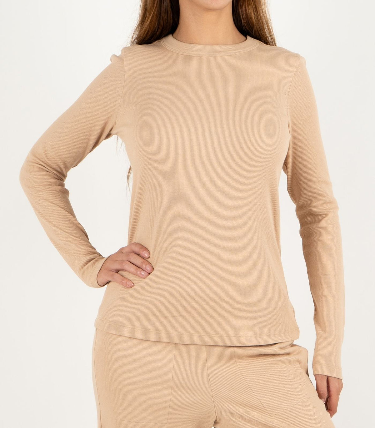 Ribbed Long Sleeve Top - Tan