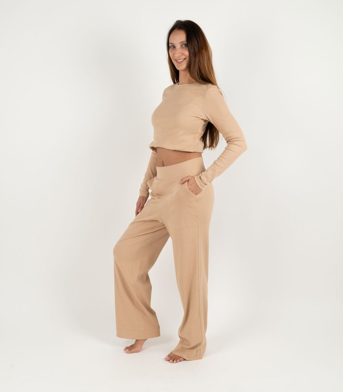 Ribbed Wide Leg Lounge Pant - Tan