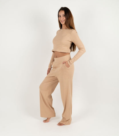 Ribbed Wide Leg Lounge Pant - Tan