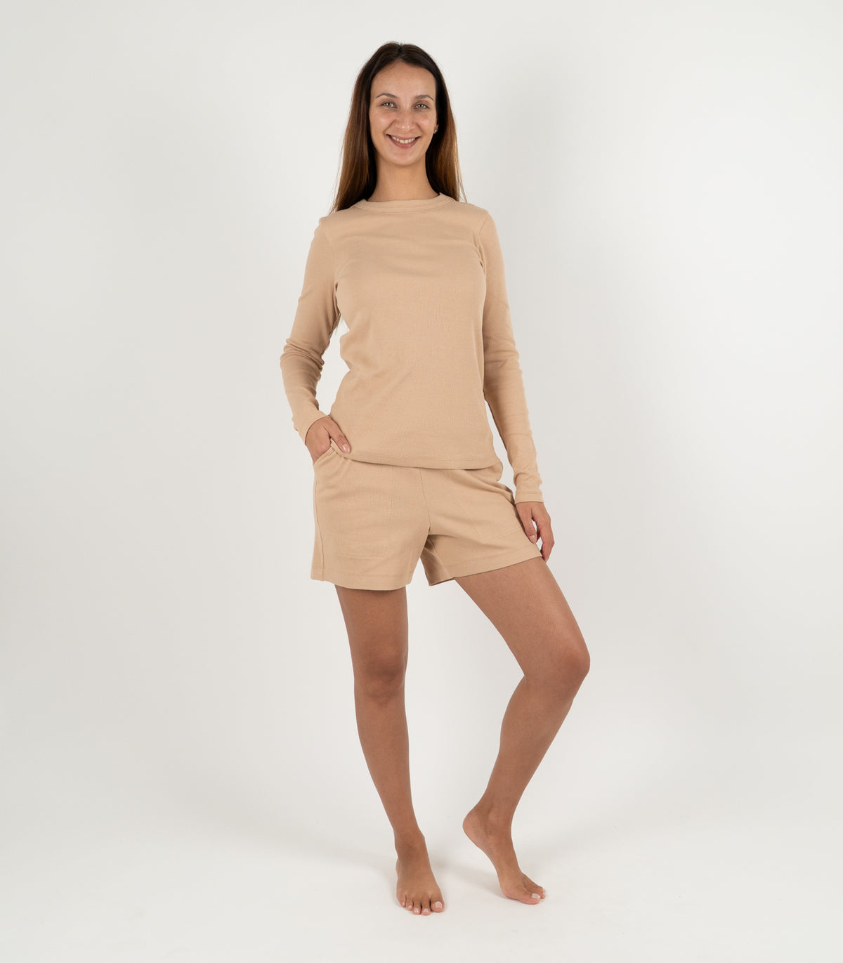 Ribbed Long Sleeve Top - Tan