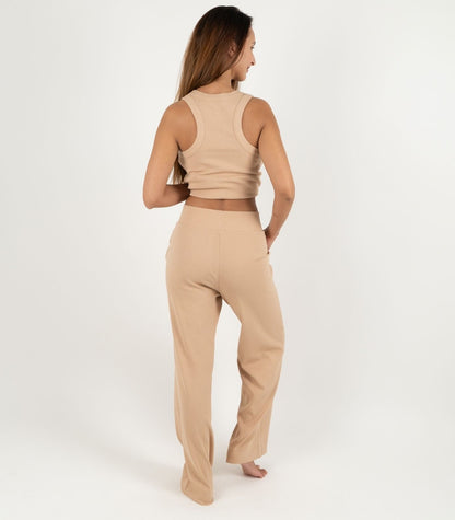 Ribbed Wide Leg Lounge Pant - Tan