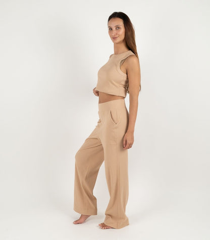 Ribbed Wide Leg Lounge Pant - Tan