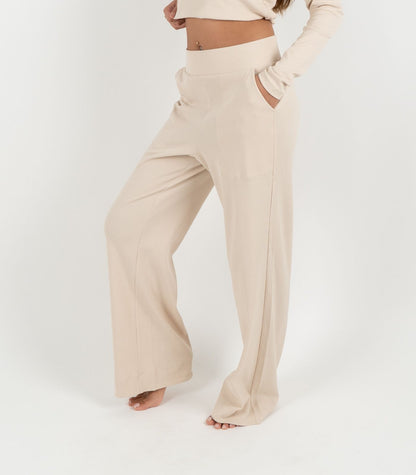Ribbed Wide Leg Lounge Pant - Sand