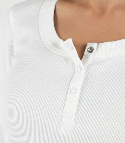 Ribbed Long Sleeve Button Top - White
