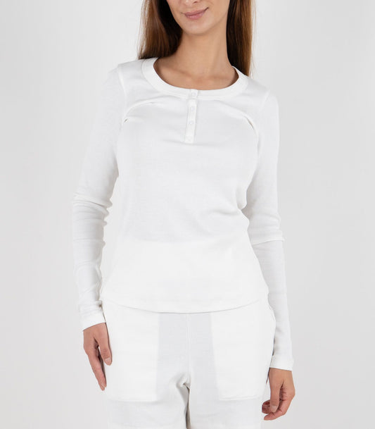 Ribbed Long Sleeve Button Top - White