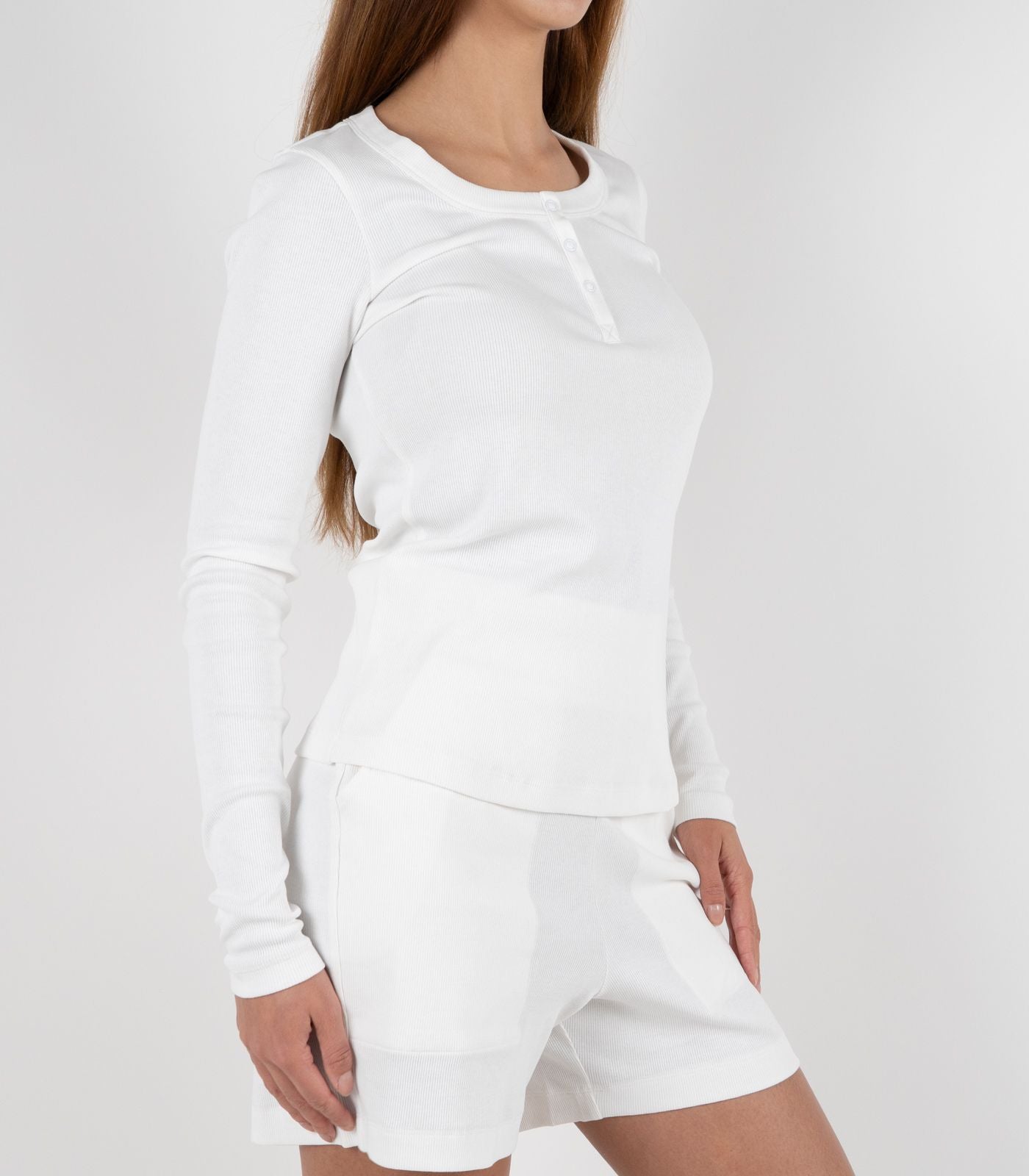 Ribbed Long Sleeve Button Top - White