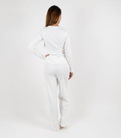 Ribbed Long Sleeve Button Top - White