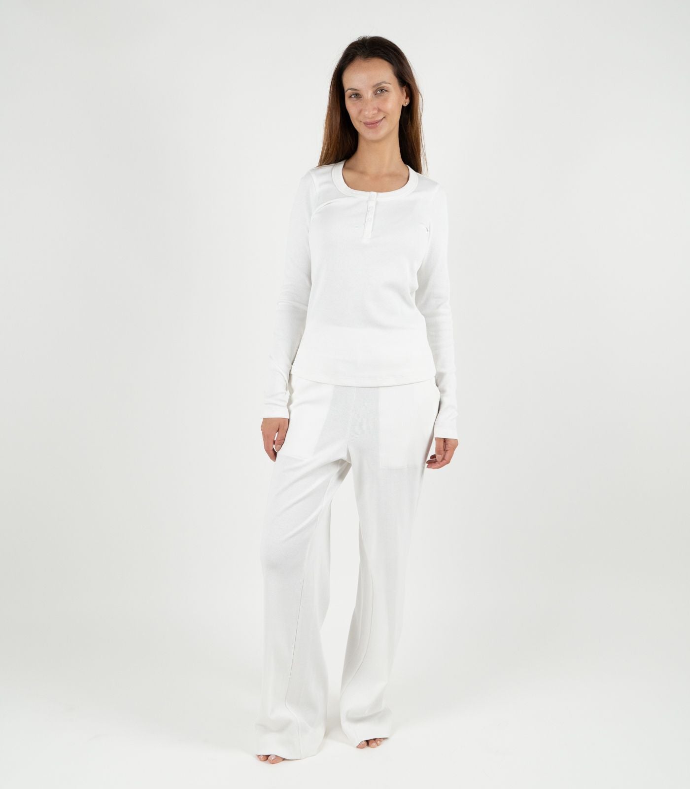 Ribbed Long Sleeve Button Top - White