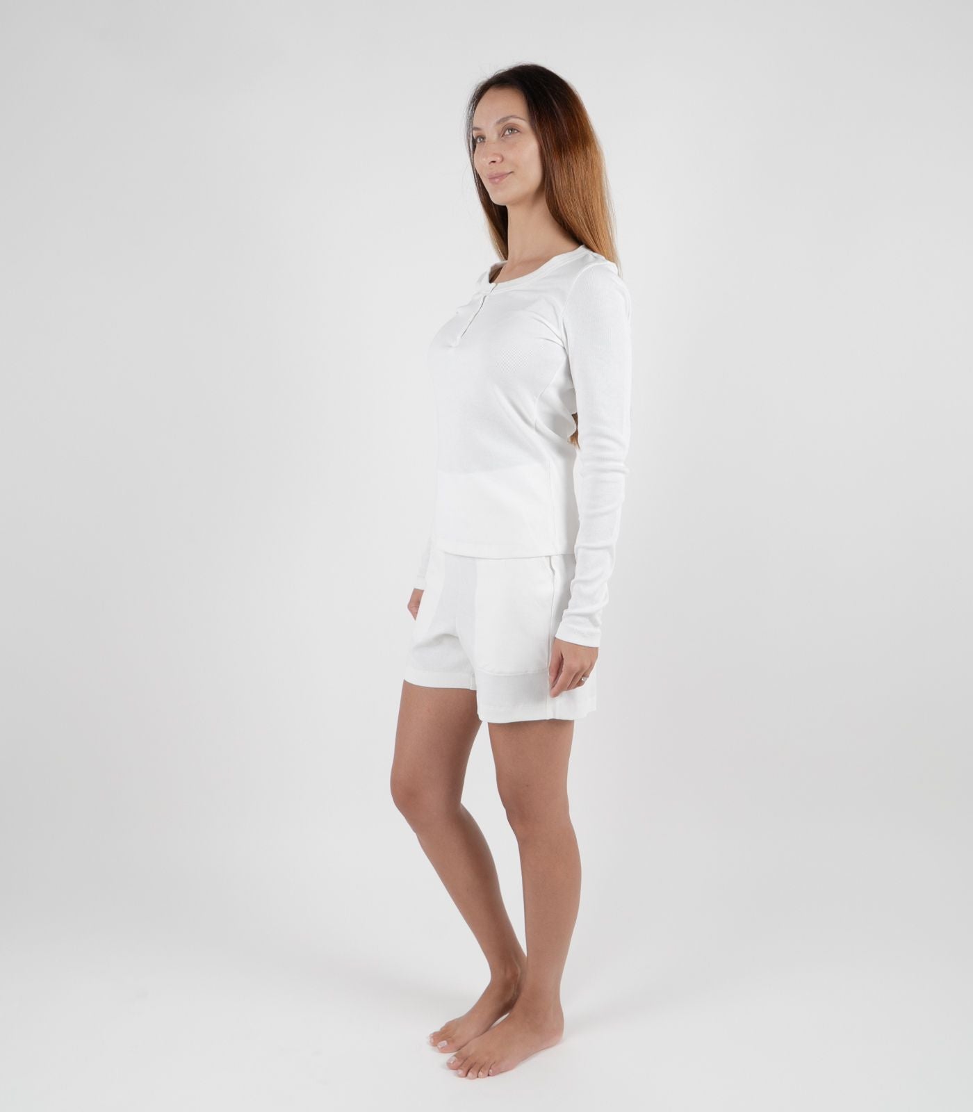 Ribbed Long Sleeve Button Top - White