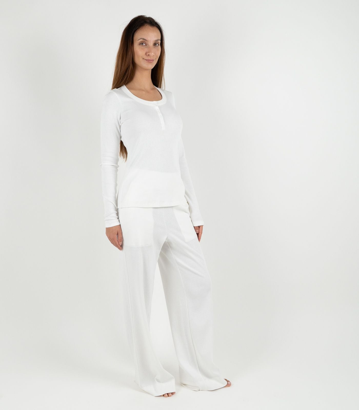 Ribbed Long Sleeve Button Top - White