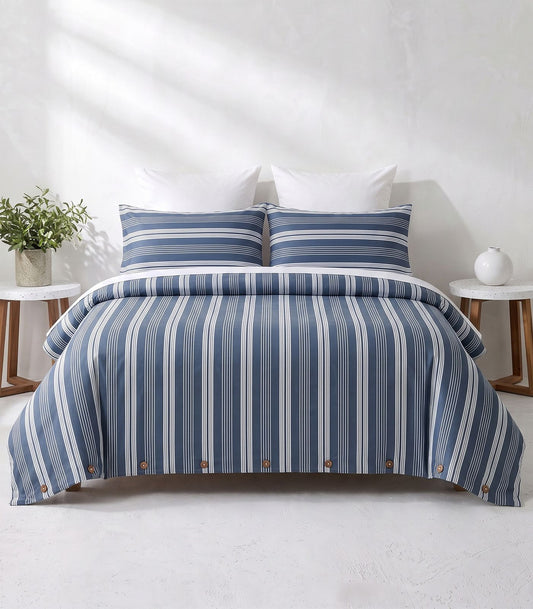Organic Cotton Sateen Quilt Cover Set - Luxe - Limited Edition - Blue Triple Stripe