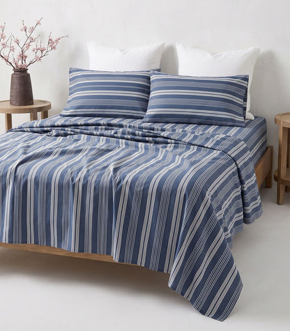 Organic Cotton Sateen Sheet Set - Luxe - Limited Edition - Blue Triple Stripe