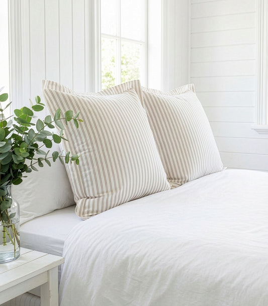 European - Sateen Pillow Cases (Pair) - Luxe - Limited Edition - Tandem Stripes Pebble