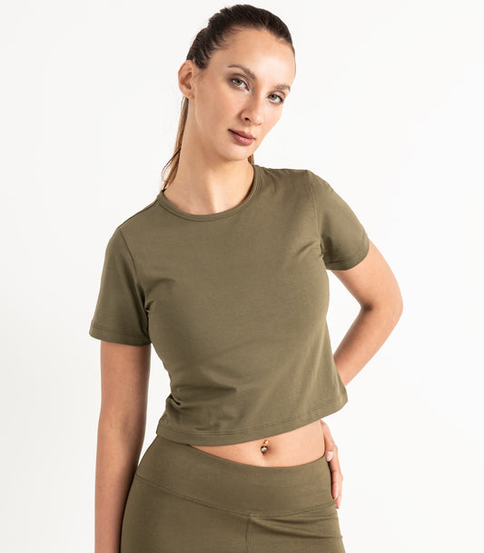 Short Sleeve Fitted Crop Top - Dark Olive