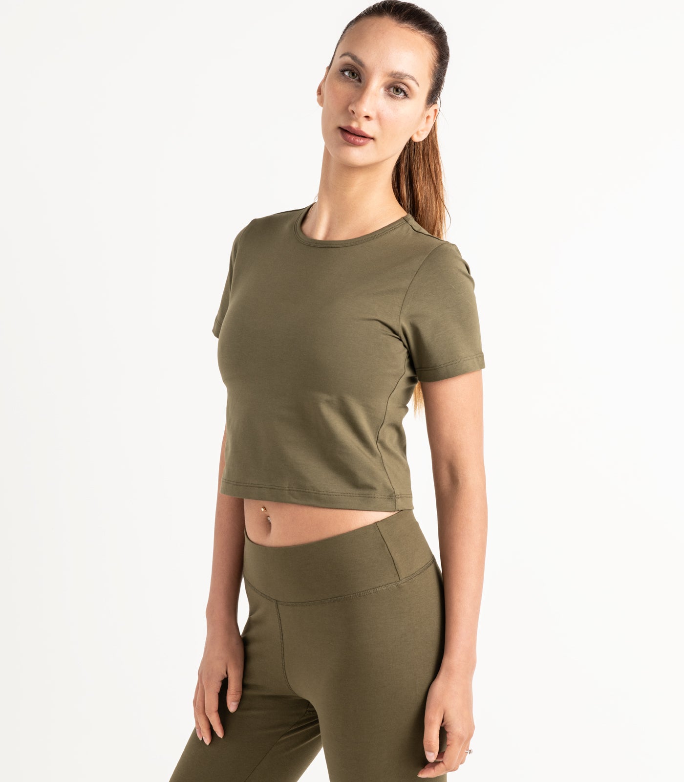 Short Sleeve Fitted Crop Top - Dark Olive