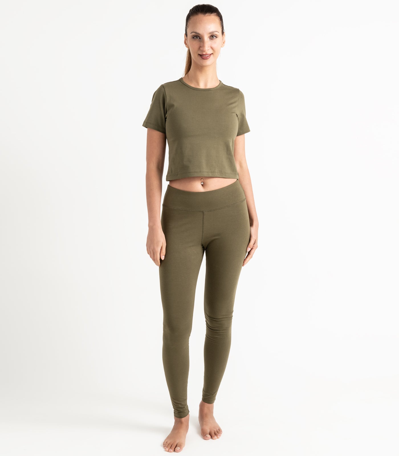 Short Sleeve Fitted Crop Top - Dark Olive