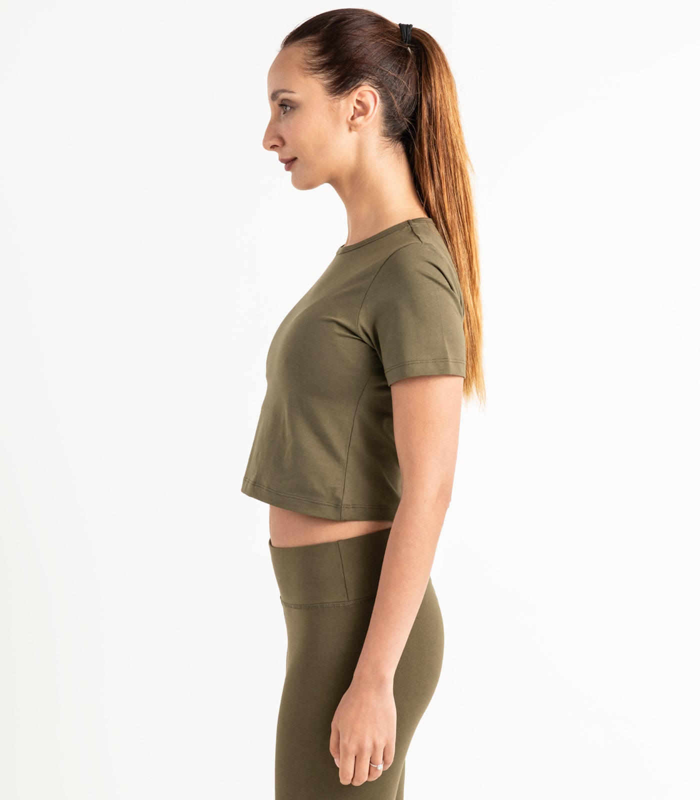 Short Sleeve Fitted Crop Top - Dark Olive