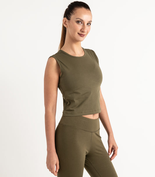 Sleeveless Fitted Crop Top - Dark Olive