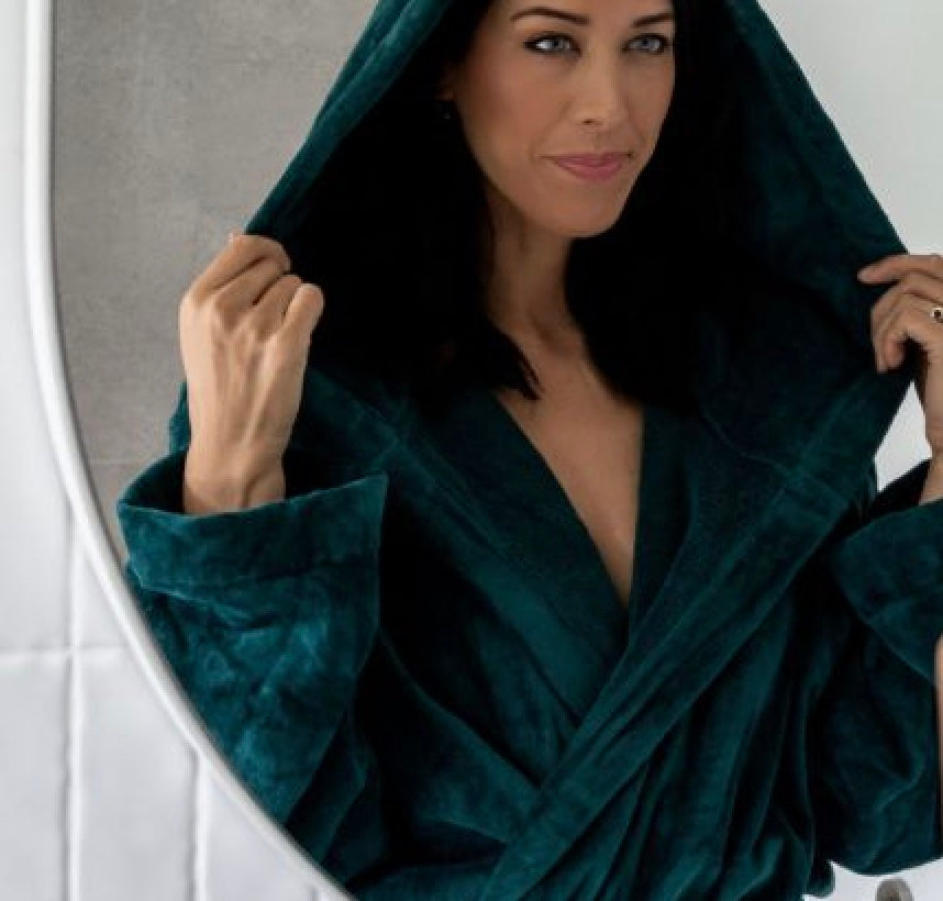 peacock green spa robe with a hood in organic cotton