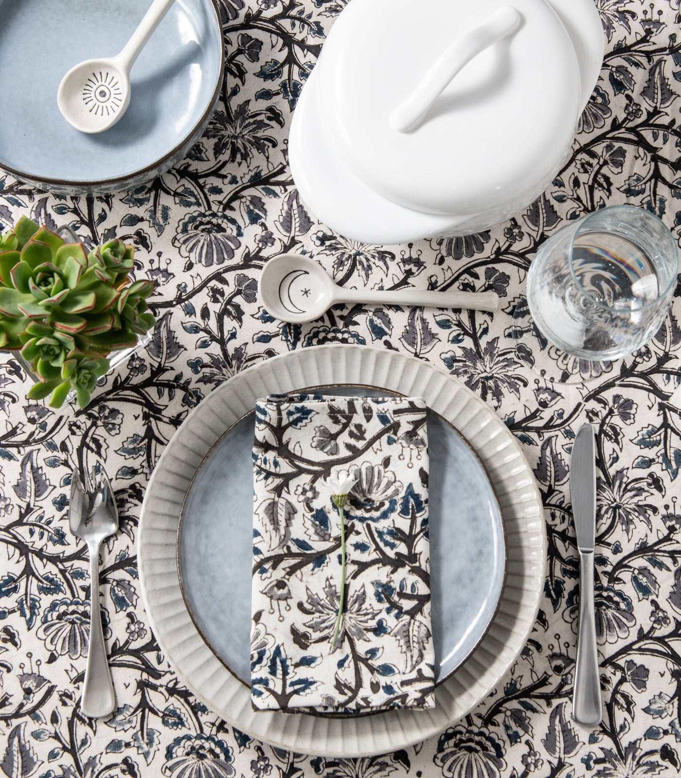 Tablecloth - Kalamkari Block Print - Blue/Grey