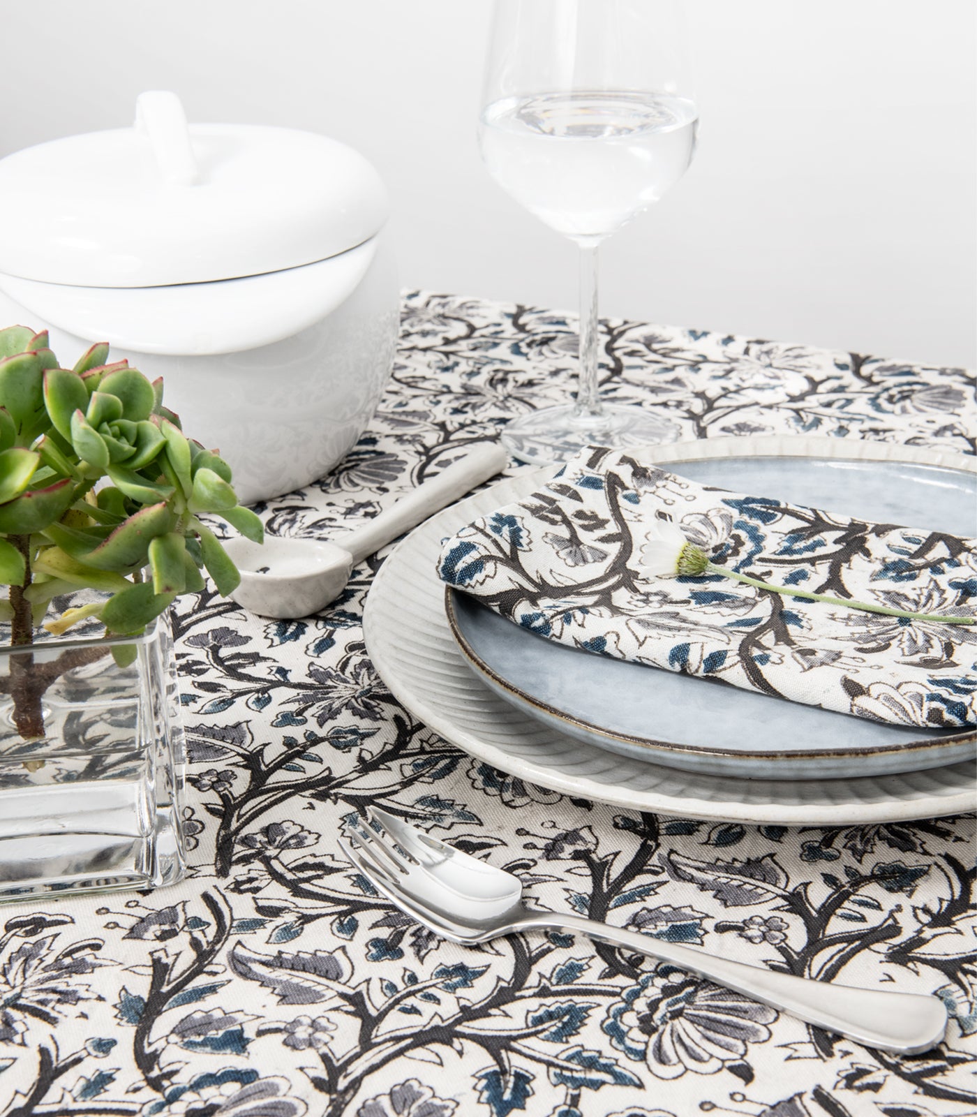 Tablecloth - Kalamkari Block Print - Blue/Grey