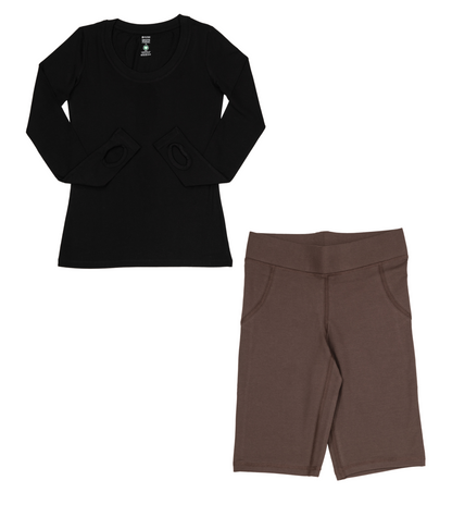 Thumbhole Tee Black & Long Bike Shorts Chocolate Martini