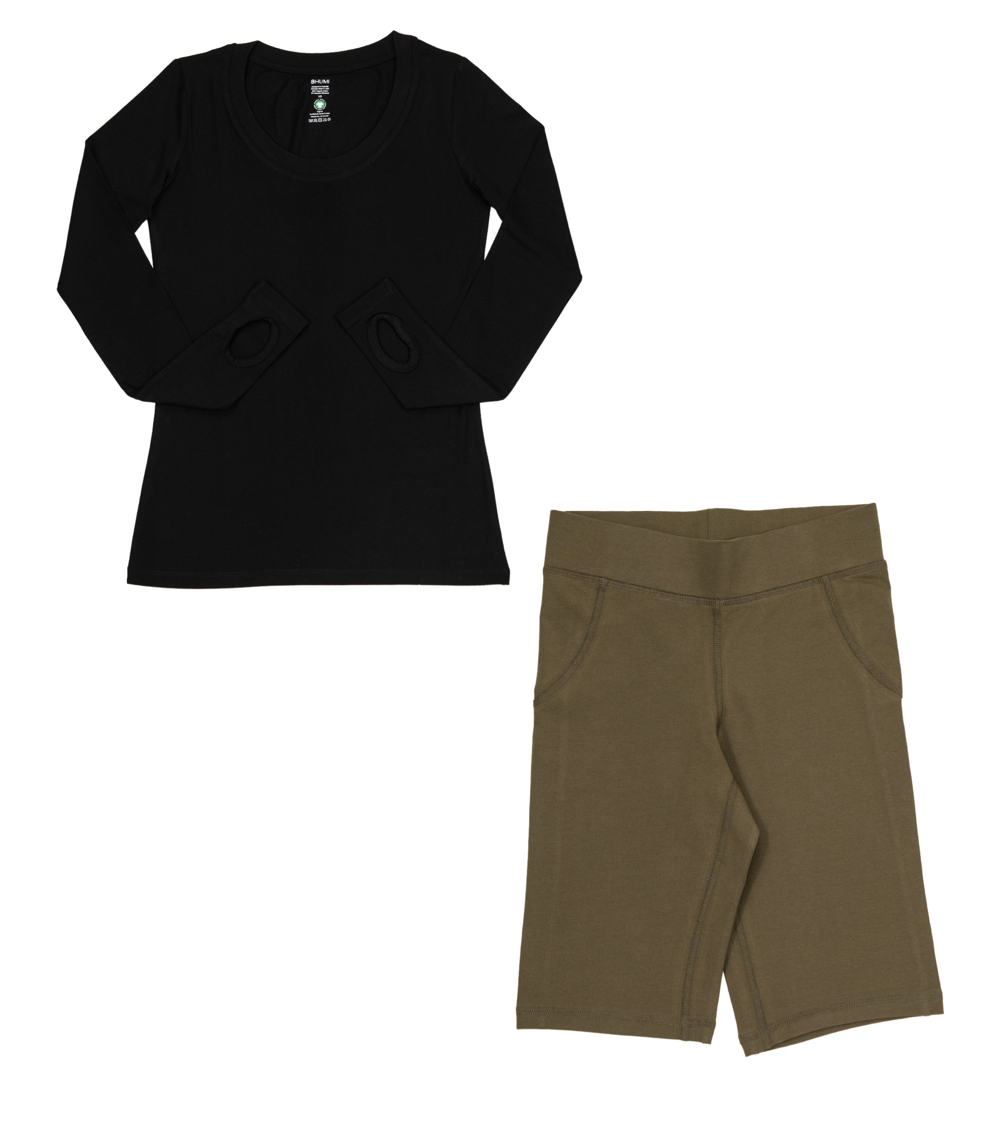 Thumbhole Tee Black & Long Bike Shorts Dark Olive