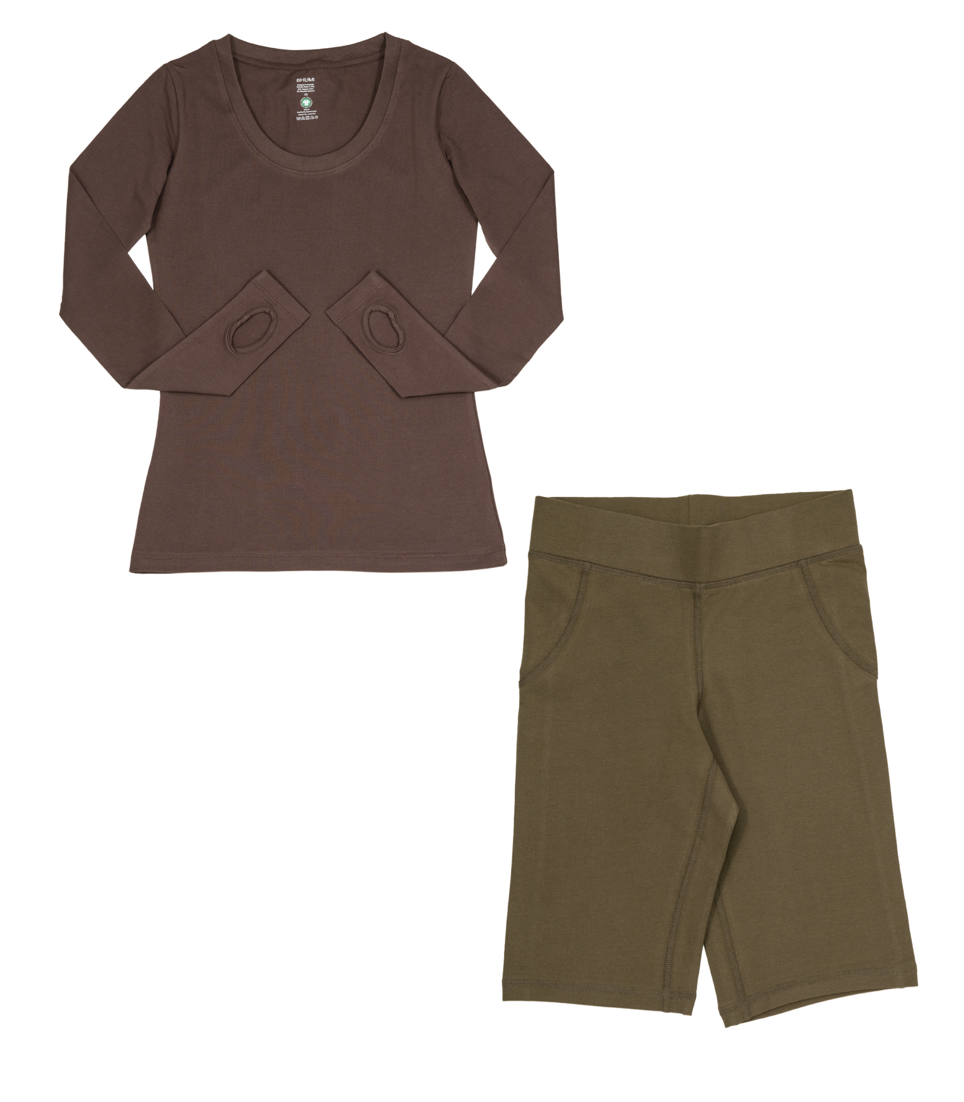 Thumbhole Tee Chocolate Martini & Long Bike Shorts Dark Olive
