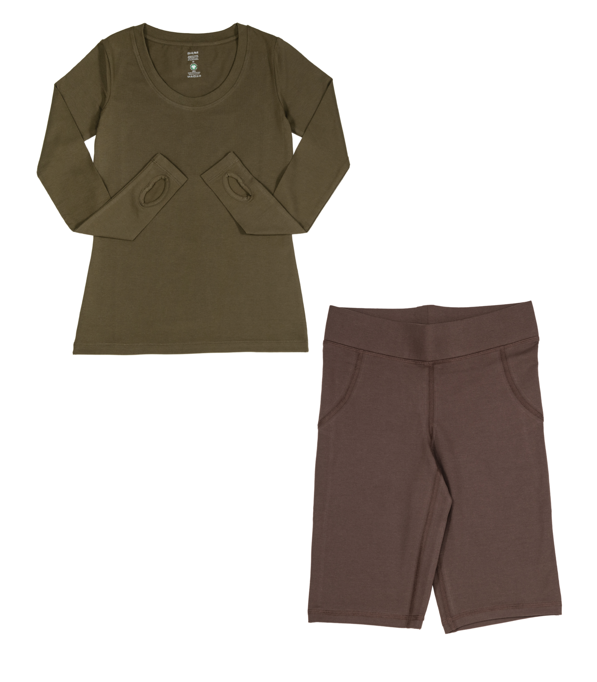 Thumbhole Tee Dark Olive & Long Bike Shorts Chocolate Martini