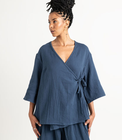 Organic Muslin Canopy Wrap Top - Indigo