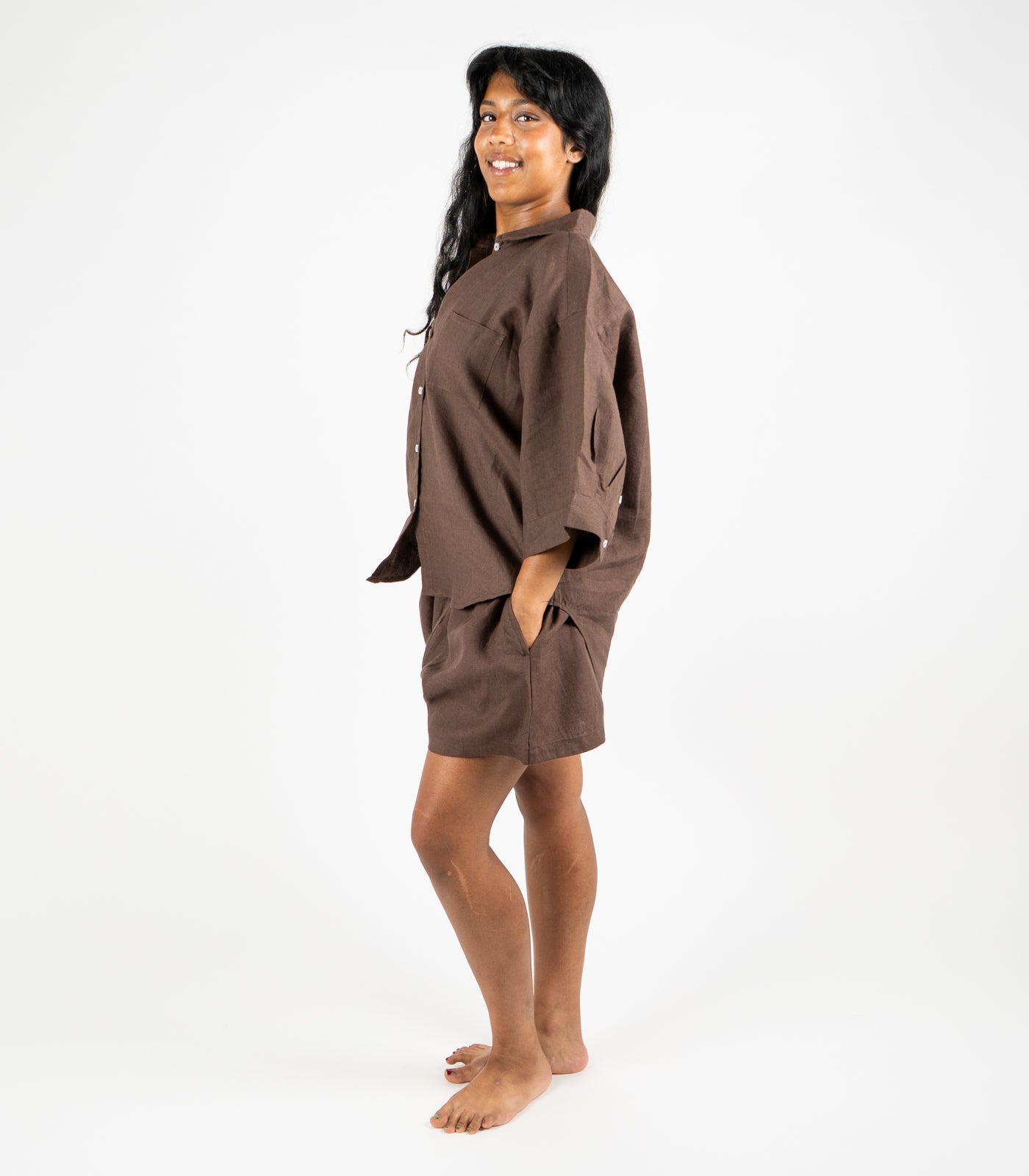 Organic Linen Boxy Lounge Shorts - Chocolate
