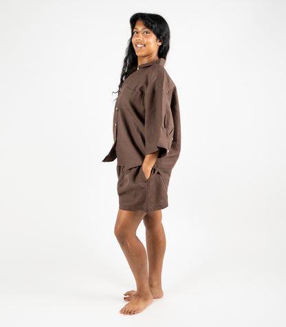 Organic Linen Boxy Lounge Shorts - Chocolate