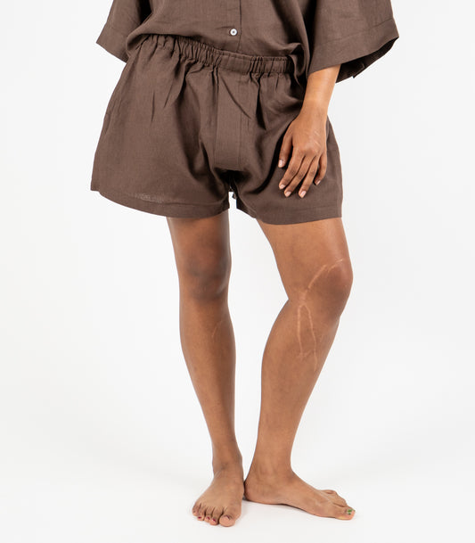 Organic Linen Boxy Lounge Shorts - Chocolate