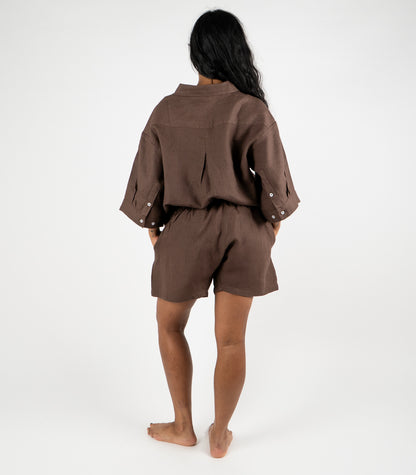 Organic Linen Boxy Lounge Shorts - Chocolate
