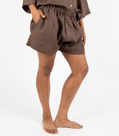 Organic Linen Boxy Lounge Shorts - Chocolate