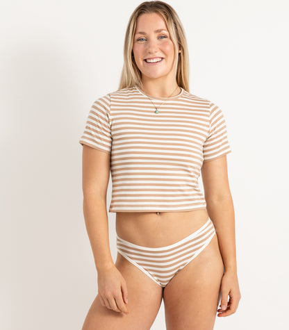 Short Sleeve Fitted Crop Top - Stripe - Tan Stripe
