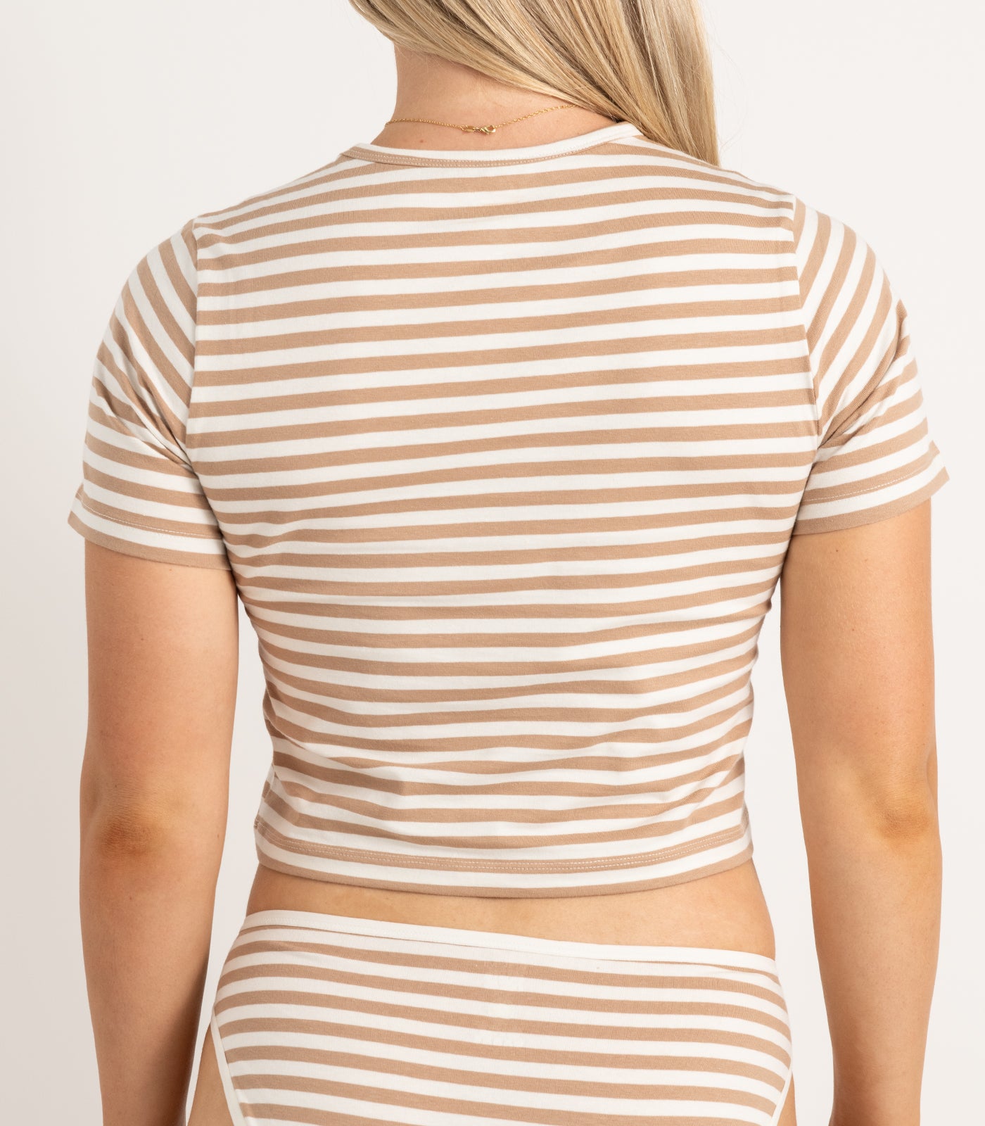 Short Sleeve Fitted Crop Top - Stripe - Tan Stripe