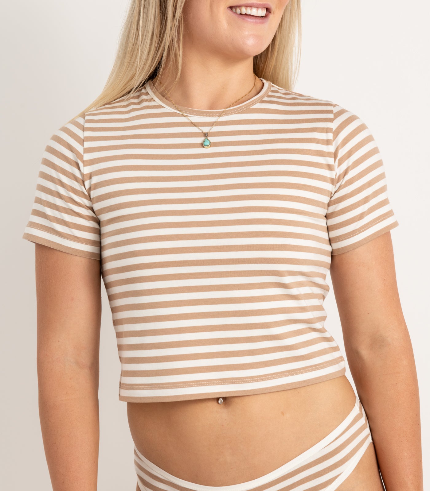 Short Sleeve Fitted Crop Top - Stripe - Tan Stripe