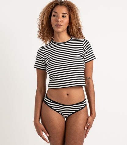 Short Sleeve Fitted Crop Top - Stripe - Black Stripe