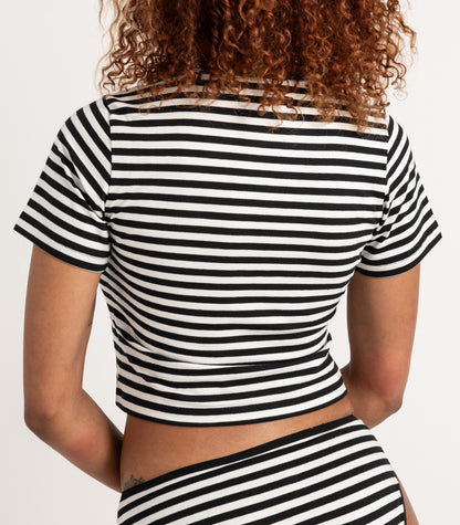 Short Sleeve Fitted Crop Top - Stripe - Black Stripe