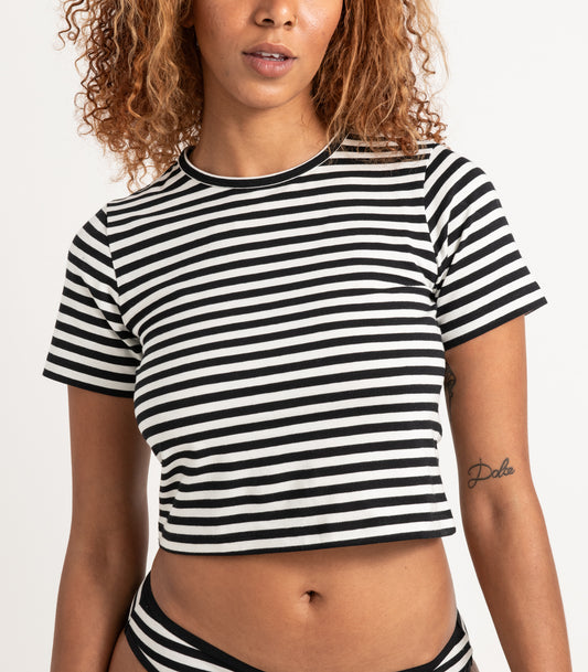 Short Sleeve Fitted Crop Top - Stripe - Black Stripe