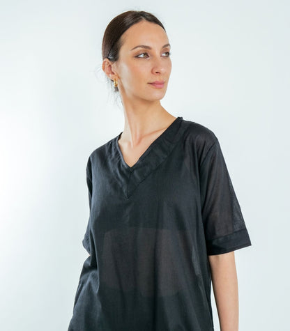 Organic Cotton Kurta Top Short Sleeve (Voile) - Black