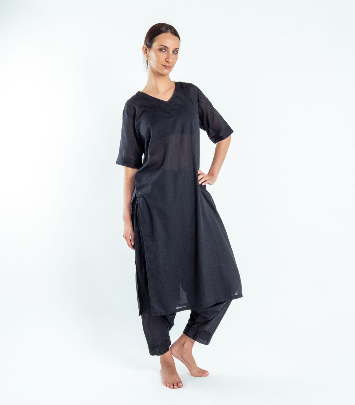 Organic Cotton Kurta Top Short Sleeve (Voile) - Black