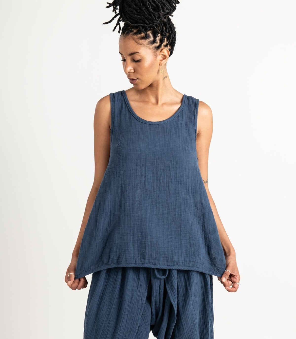 Organic Muslin Petal Tank - Indigo