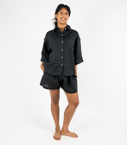 Organic Linen Boxy Lounge Shorts - Black