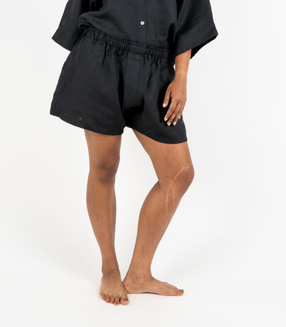 Organic Linen Boxy Lounge Shorts - Black