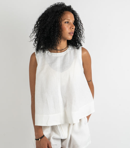Organic Linen Sleeveless Lounge Shirt - White